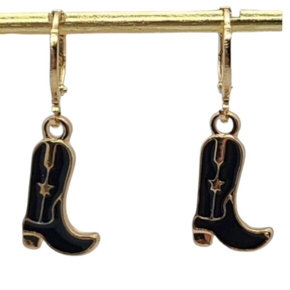 Cowboy Boot Black Dainty Dangle Earrings Gold Star Cowgirl Jewelry Western NWT - Picture 9 of 9